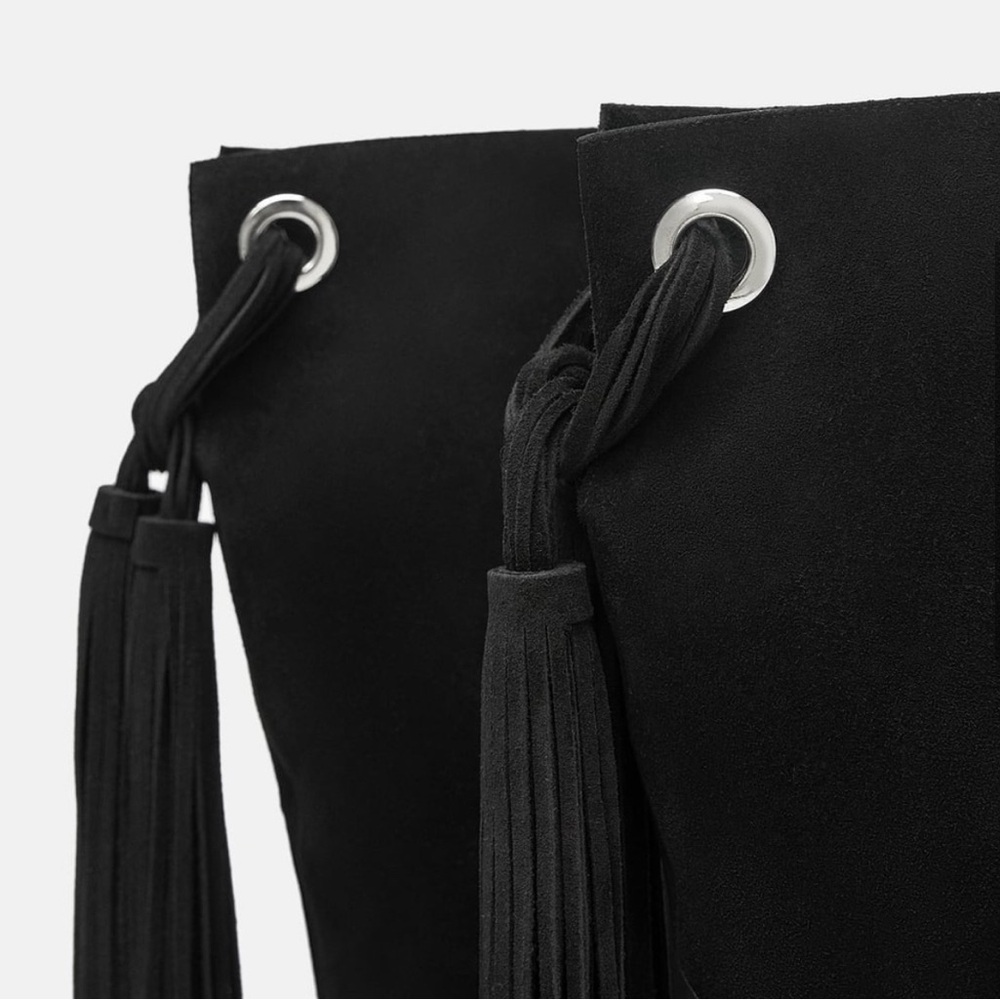 Zara Black Suede Fringe Leather Boots 37 - Picture 4 of 7